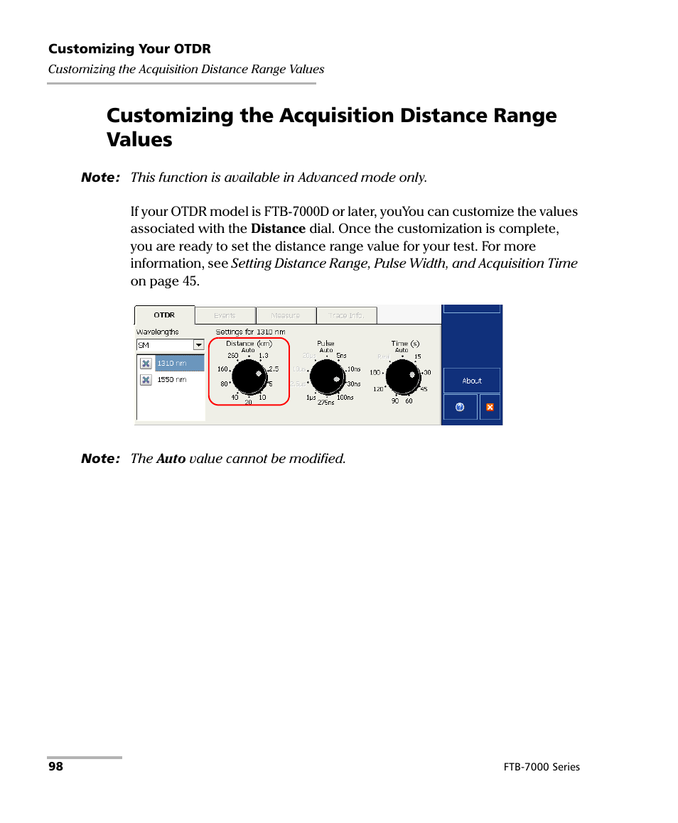 Customizing the acquisition distance range values | EXFO FTB-7000 OTDR for FTB-200 v2 User Manual | Page 112 / 339