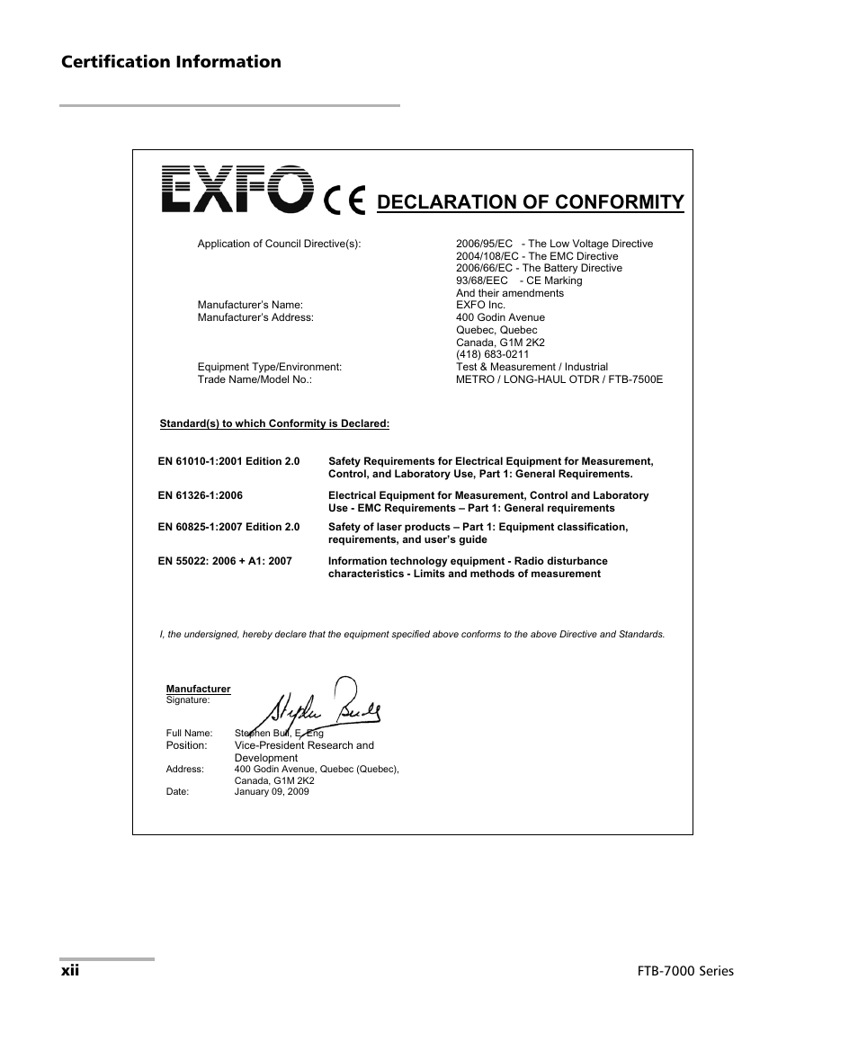 Declaration of conformity, Certification information, Ftb-7000 series | EXFO FTB-7000 OTDR for FTB-200 v2 User Manual | Page 12 / 339