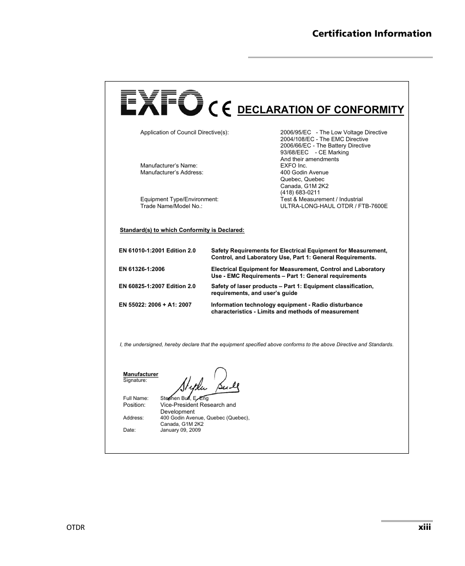 Declaration of conformity, Certification information, Xiii | Otdr | EXFO FTB-7000 OTDR for FTB-200 v2 User Manual | Page 13 / 339