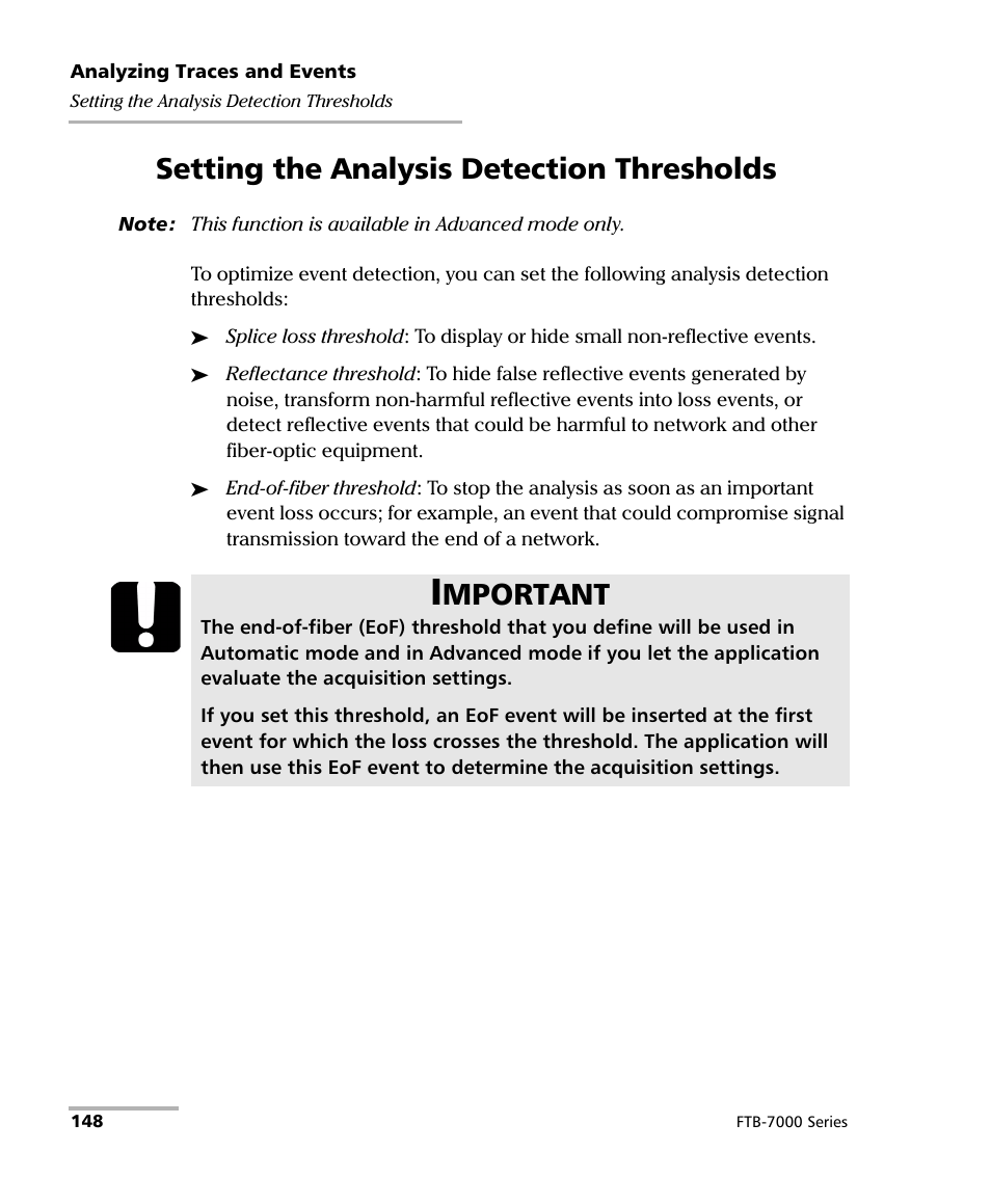 Setting the analysis detection thresholds, Mportant | EXFO FTB-7000 OTDR for FTB-200 v2 User Manual | Page 162 / 339