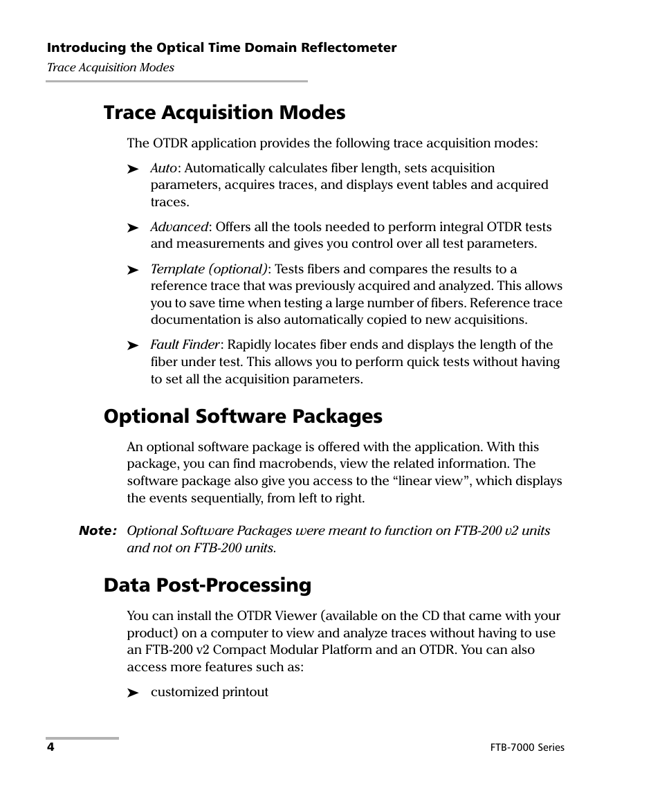 Trace acquisition modes, Optional software packages, Data post-processing | EXFO FTB-7000 OTDR for FTB-200 v2 User Manual | Page 18 / 339