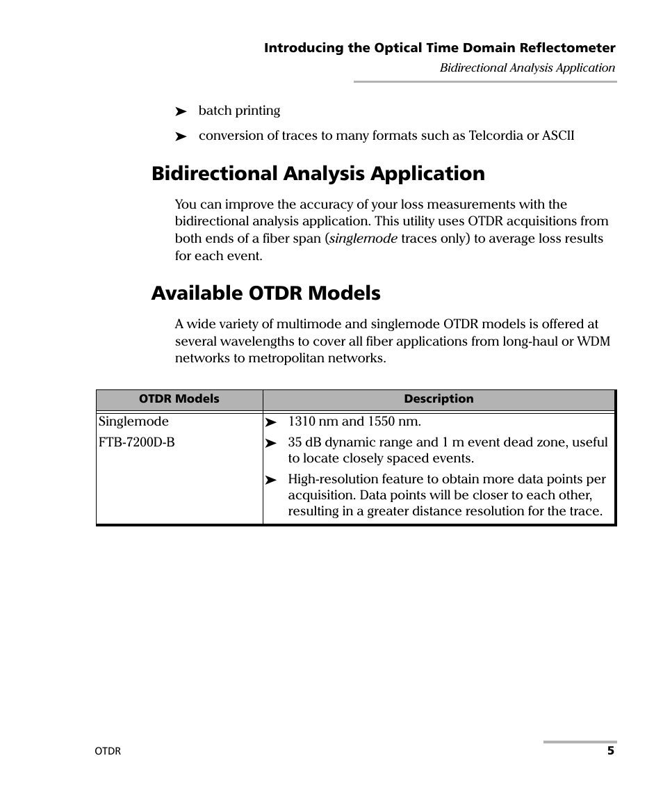 Bidirectional analysis application, Available otdr models | EXFO FTB-7000 OTDR for FTB-200 v2 User Manual | Page 19 / 339