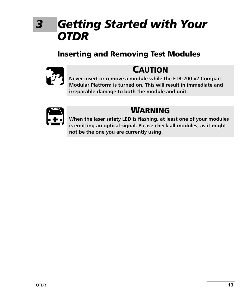 3 getting started with your otdr, Inserting and removing test modules, 3getting started with your otdr | EXFO FTB-7000 OTDR for FTB-200 v2 User Manual | Page 27 / 339