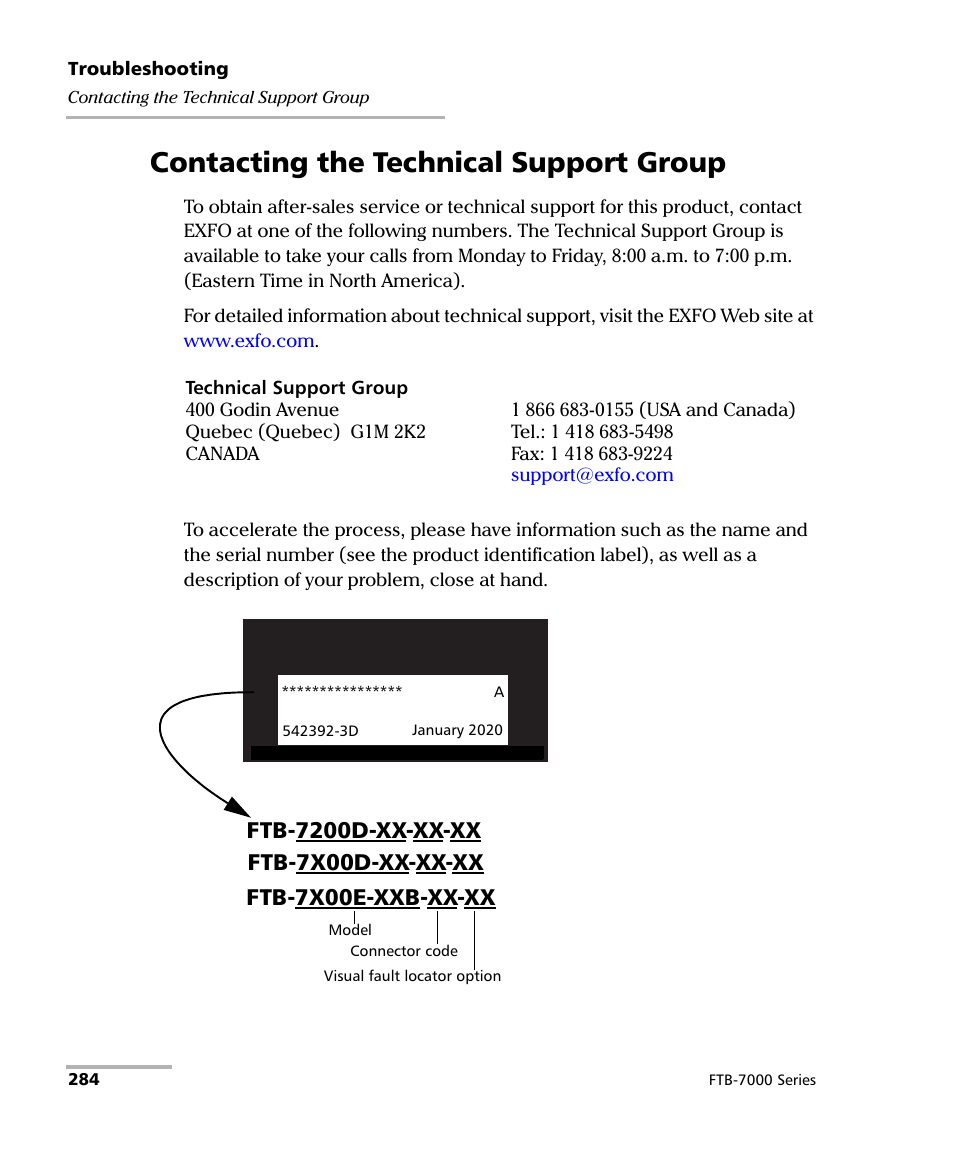 Contacting the technical support group, Ftb-7x00d-xx-xx-xx | EXFO FTB-7000 OTDR for FTB-200 v2 User Manual | Page 298 / 339