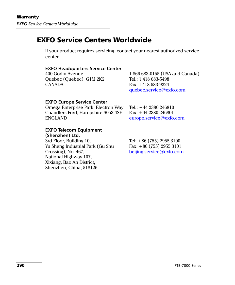 Exfo service centers worldwide | EXFO FTB-7000 OTDR for FTB-200 v2 User Manual | Page 304 / 339