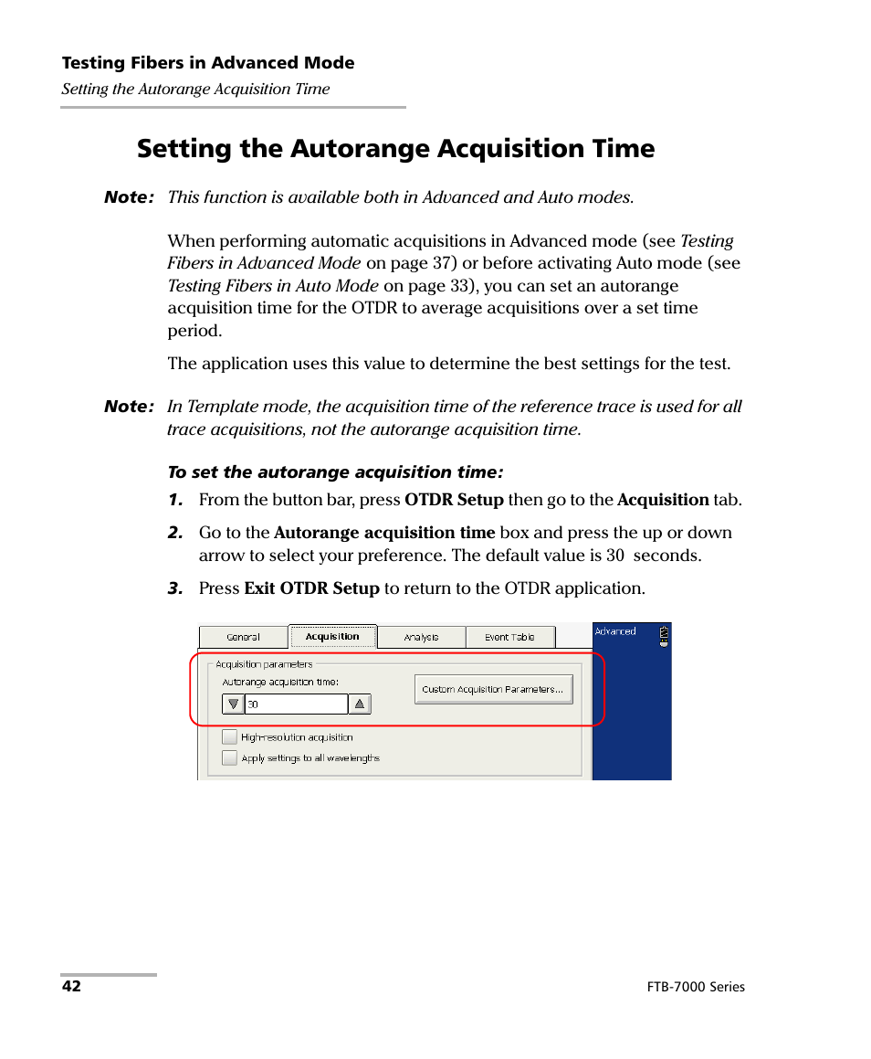 Setting the autorange acquisition time | EXFO FTB-7000 OTDR for FTB-200 v2 User Manual | Page 56 / 339