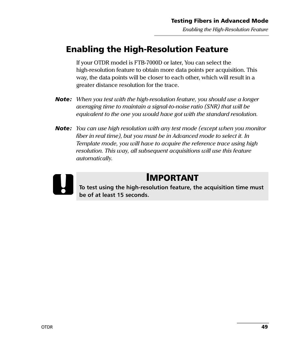 Enabling the high-resolution feature, Mportant | EXFO FTB-7000 OTDR for FTB-200 v2 User Manual | Page 63 / 339