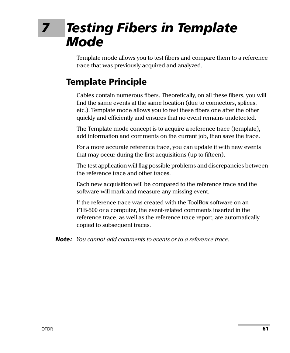 7 testing fibers in template mode, Template principle, 7testing fibers in template mode | EXFO FTB-7000 OTDR for FTB-200 v2 User Manual | Page 75 / 339