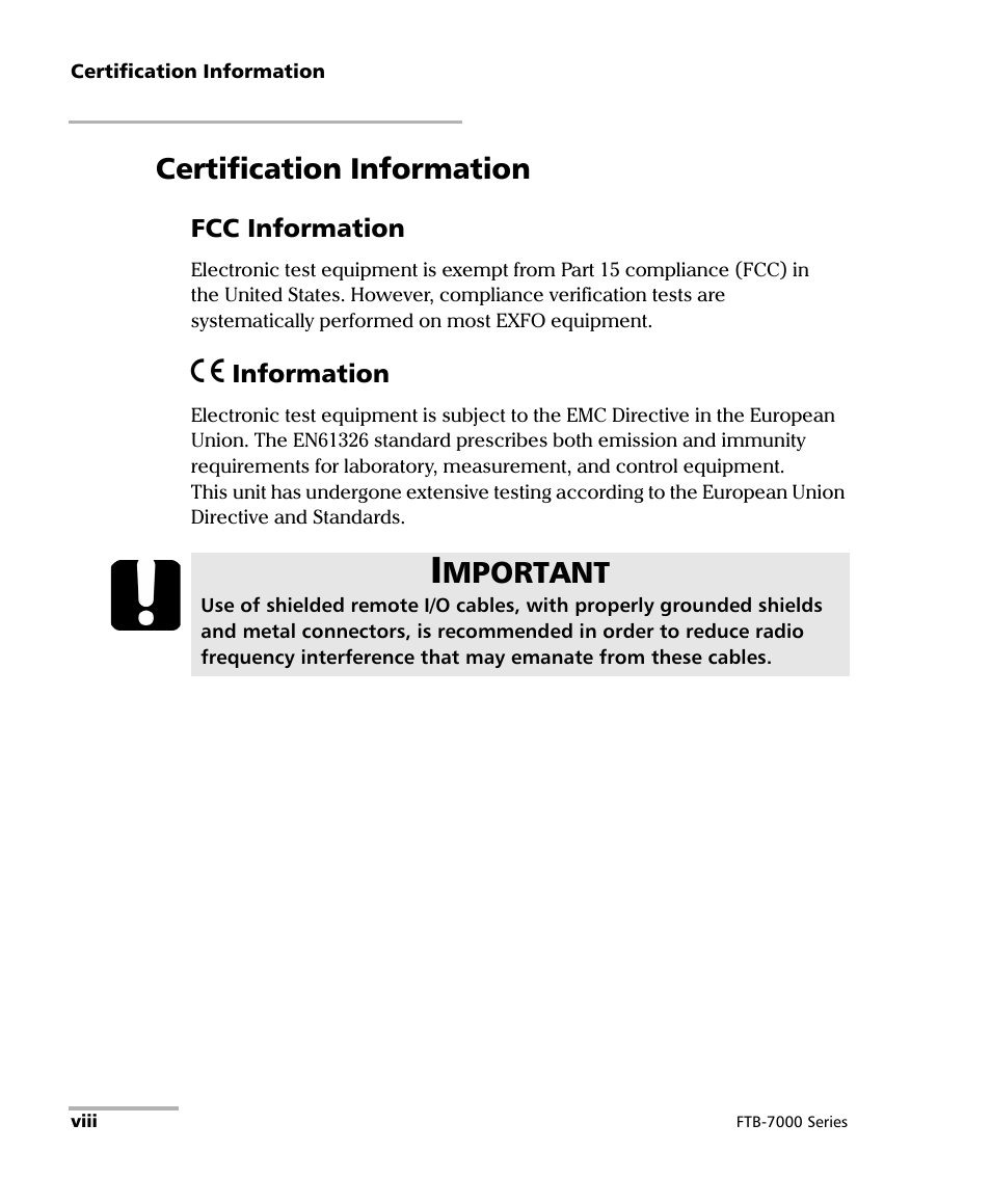 Certification information, Mportant | EXFO FTB-7000 OTDR for FTB-200 v2 User Manual | Page 8 / 339