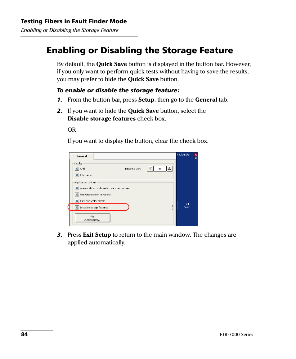 Enabling or disabling the storage feature | EXFO FTB-7000 OTDR for FTB-200 v2 User Manual | Page 98 / 339