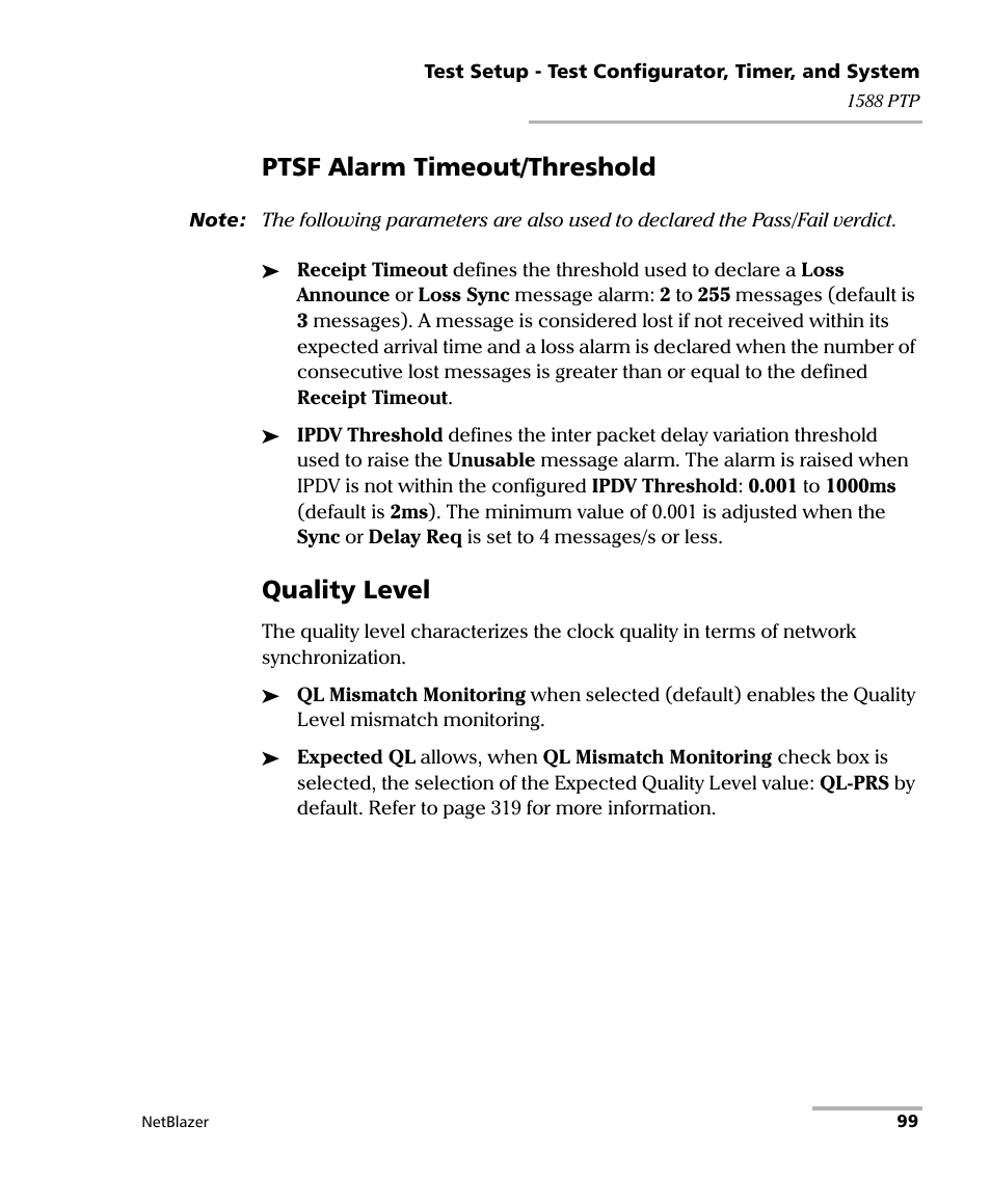 Ptsf alarm timeout/threshold, Quality level | EXFO FTB-800 Series for FTB-1 User Manual | Page 109 / 621