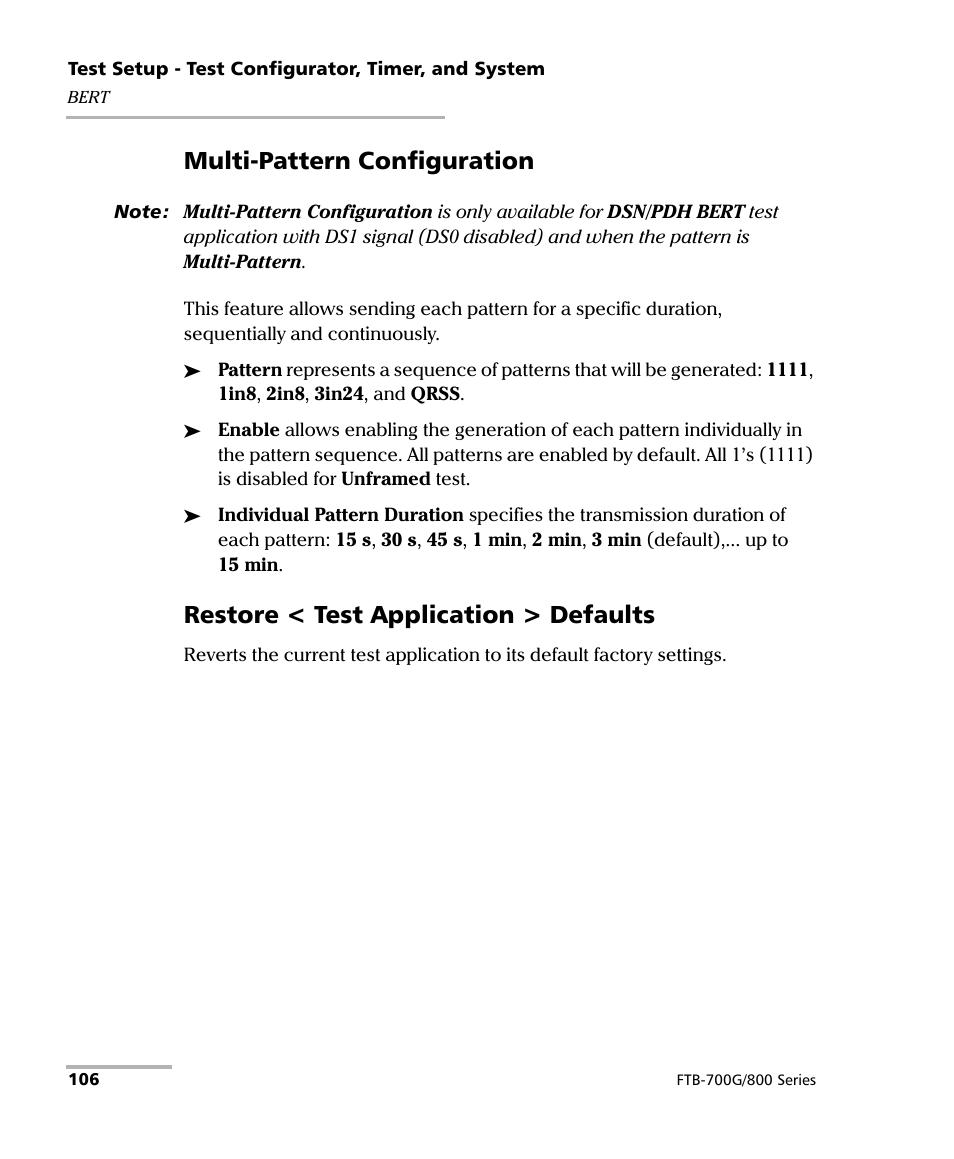 Multi-pattern configuration, Restore < test application > defaults | EXFO FTB-800 Series for FTB-1 User Manual | Page 116 / 621