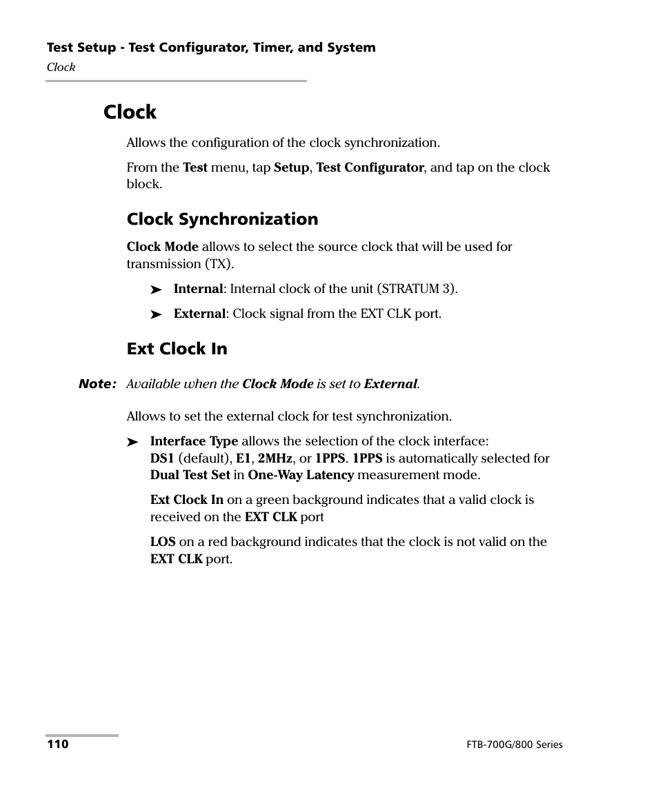 Clock, Clock synchronization, Ext clock in | EXFO FTB-800 Series for FTB-1 User Manual | Page 120 / 621