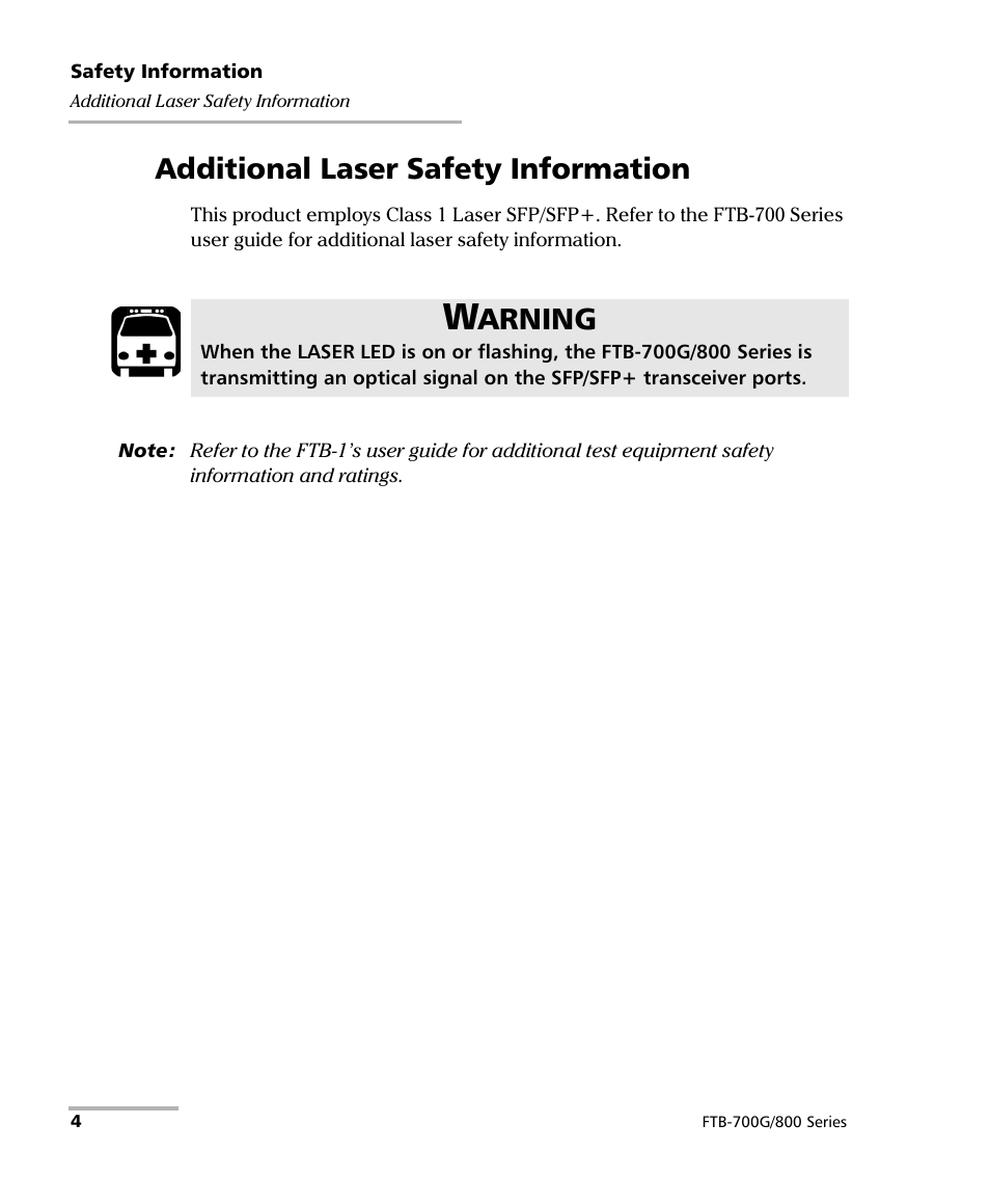 Additional laser safety information, Arning | EXFO FTB-800 Series for FTB-1 User Manual | Page 14 / 621