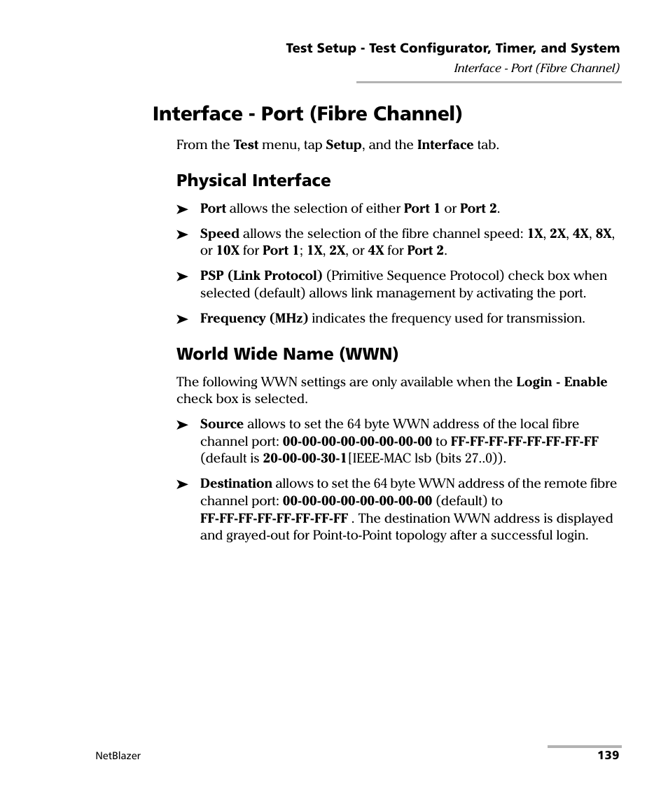 Interface - port (fibre channel), Physical interface, World wide name (wwn) | EXFO FTB-800 Series for FTB-1 User Manual | Page 149 / 621