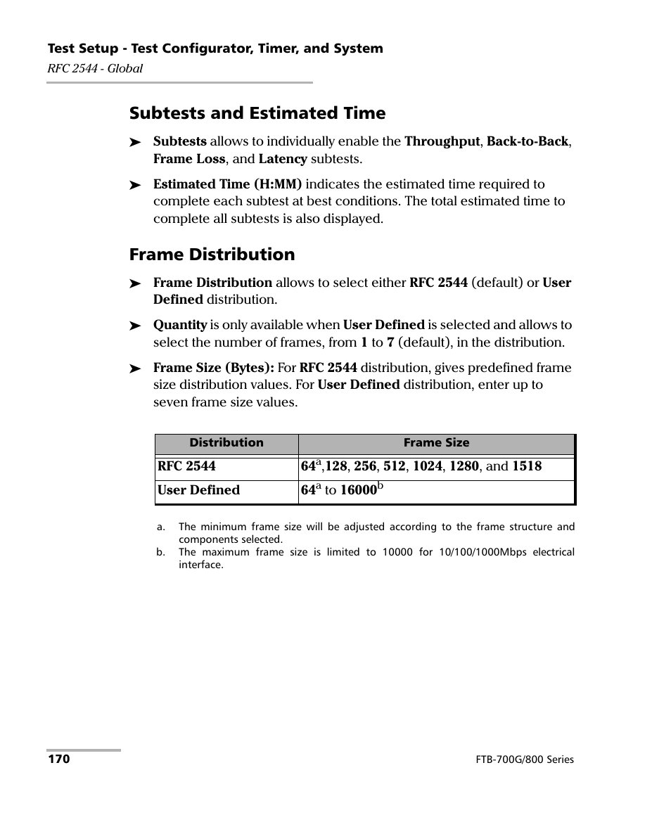 Subtests and estimated time, Frame distribution | EXFO FTB-800 Series for FTB-1 User Manual | Page 180 / 621