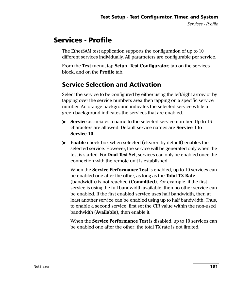 Services - profile, Service selection and activation | EXFO FTB-800 Series for FTB-1 User Manual | Page 201 / 621