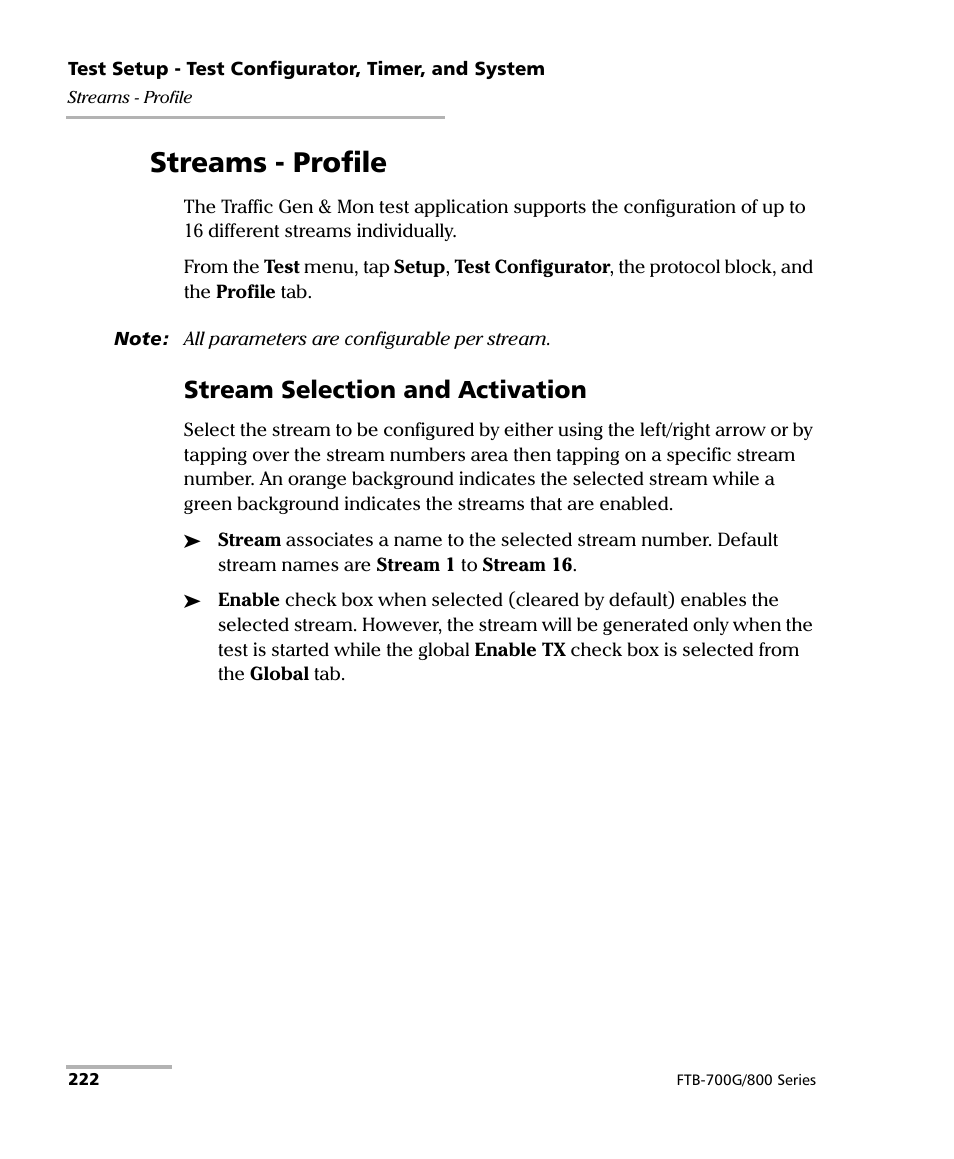 Streams - profile, Stream selection and activation | EXFO FTB-800 Series for FTB-1 User Manual | Page 232 / 621