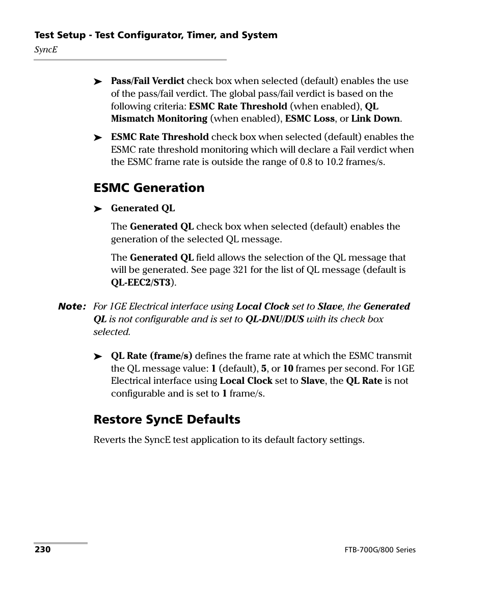 Esmc generation, Restore synce defaults | EXFO FTB-800 Series for FTB-1 User Manual | Page 240 / 621
