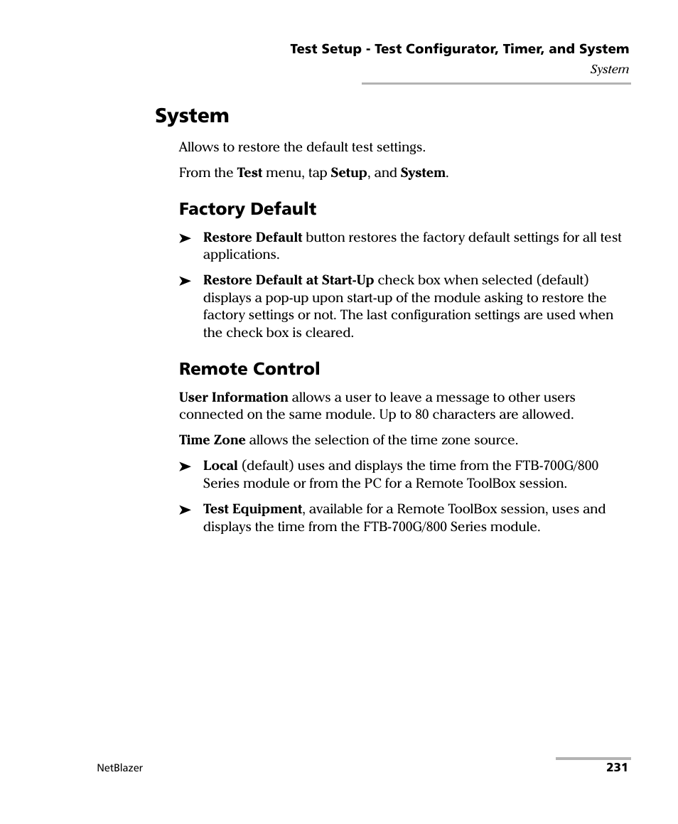 System, Factory default, Remote control | EXFO FTB-800 Series for FTB-1 User Manual | Page 241 / 621