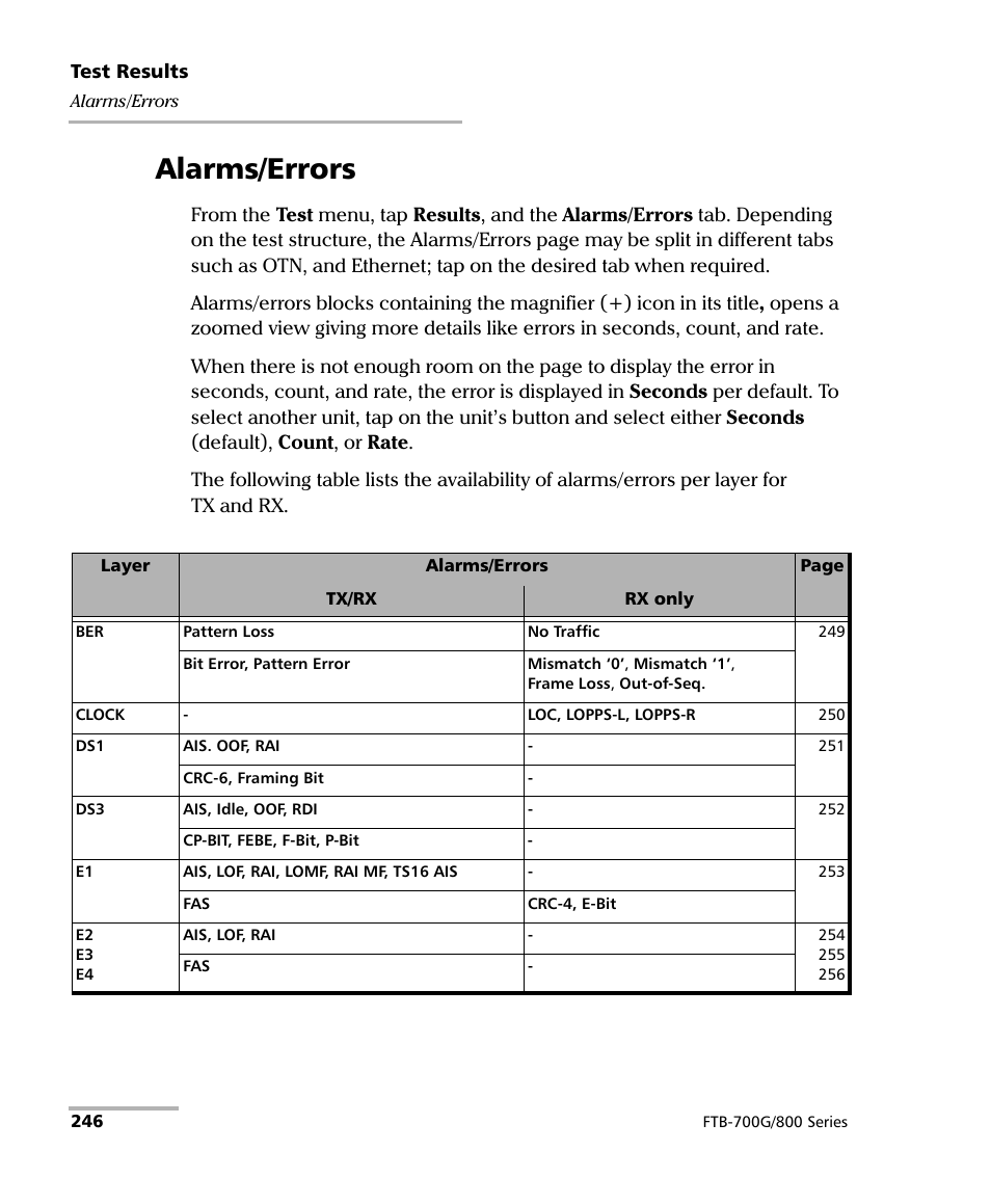 Alarms/errors | EXFO FTB-800 Series for FTB-1 User Manual | Page 256 / 621