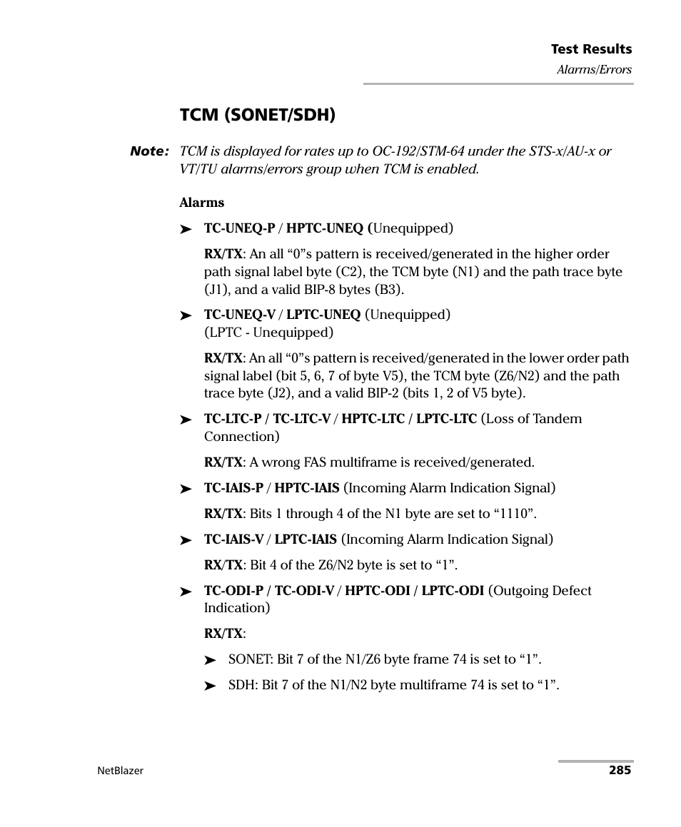 Tcm (sonet/sdh) | EXFO FTB-800 Series for FTB-1 User Manual | Page 295 / 621