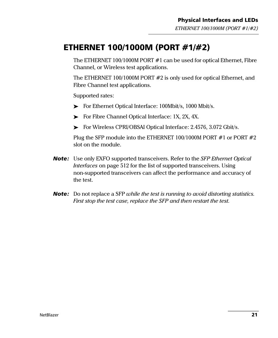 Ethernet 100/1000m (port #1/#2) | EXFO FTB-800 Series for FTB-1 User Manual | Page 31 / 621