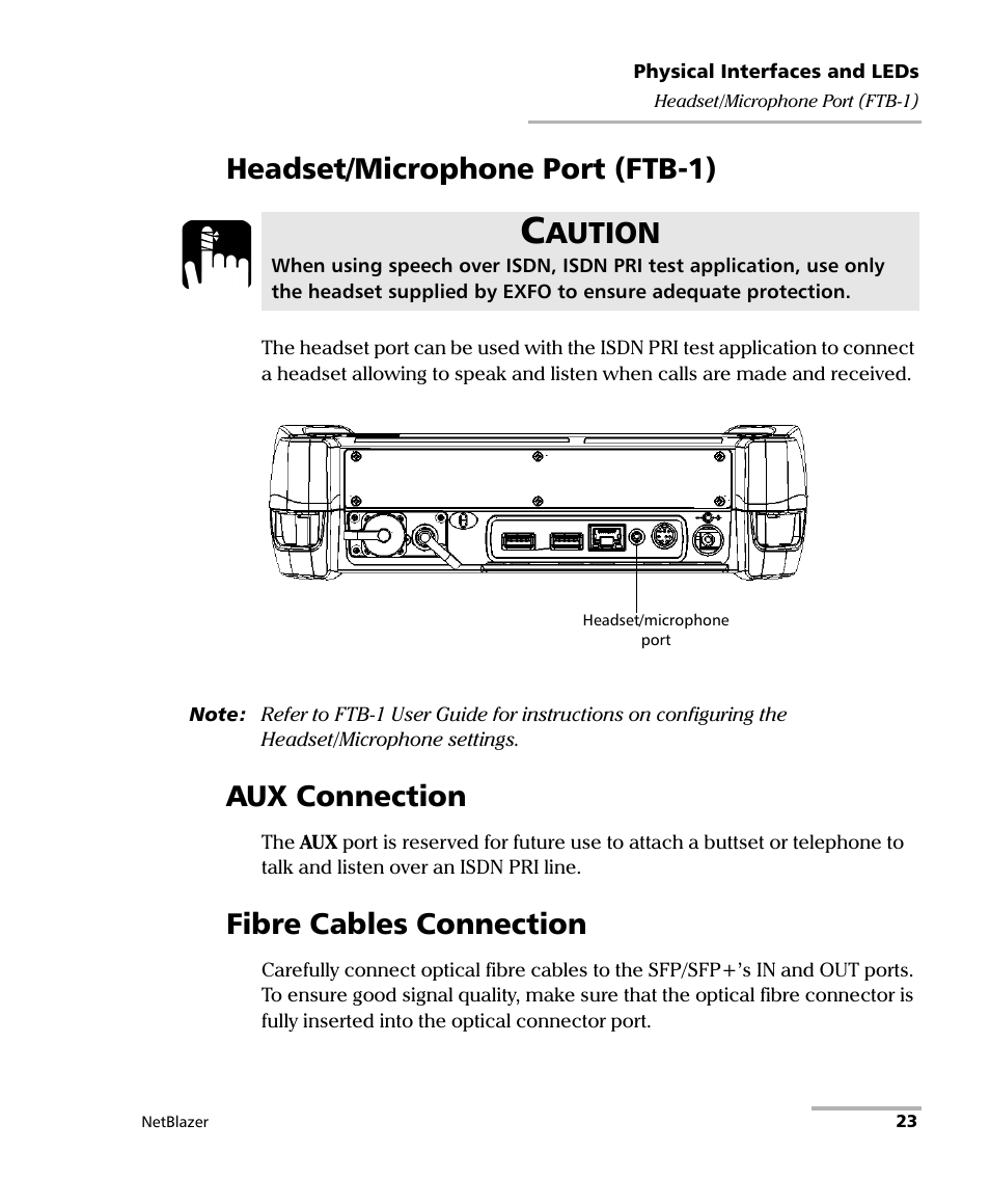 Headset/microphone port (ftb-1), Aux connection, Fibre cables connection | Aution | EXFO FTB-800 Series for FTB-1 User Manual | Page 33 / 621