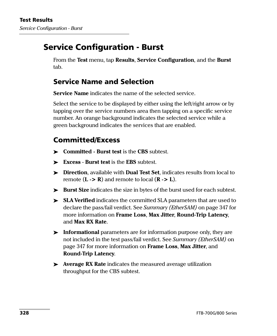Service configuration - burst, Service name and selection, Committed/excess | EXFO FTB-800 Series for FTB-1 User Manual | Page 338 / 621