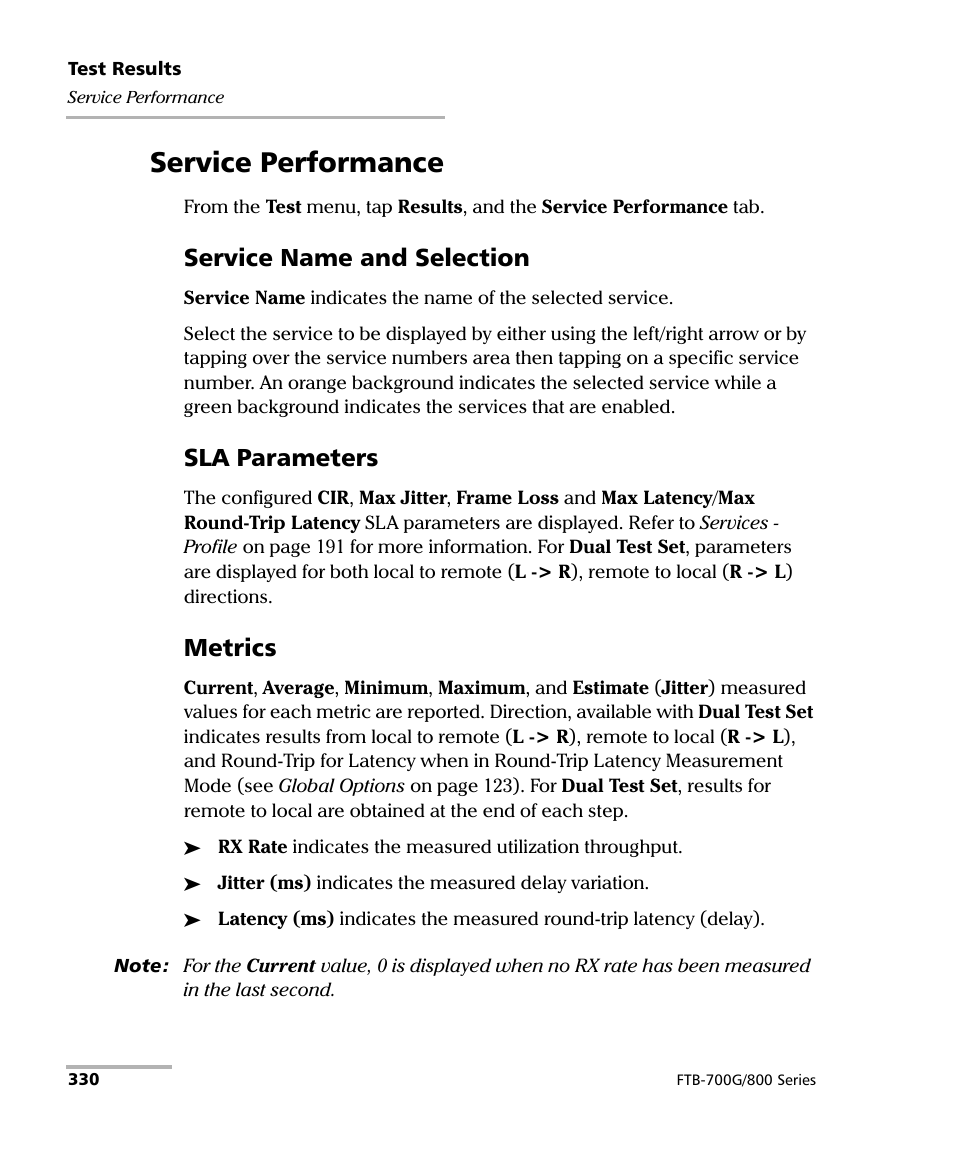Service performance, Service name and selection, Sla parameters | Metrics | EXFO FTB-800 Series for FTB-1 User Manual | Page 340 / 621