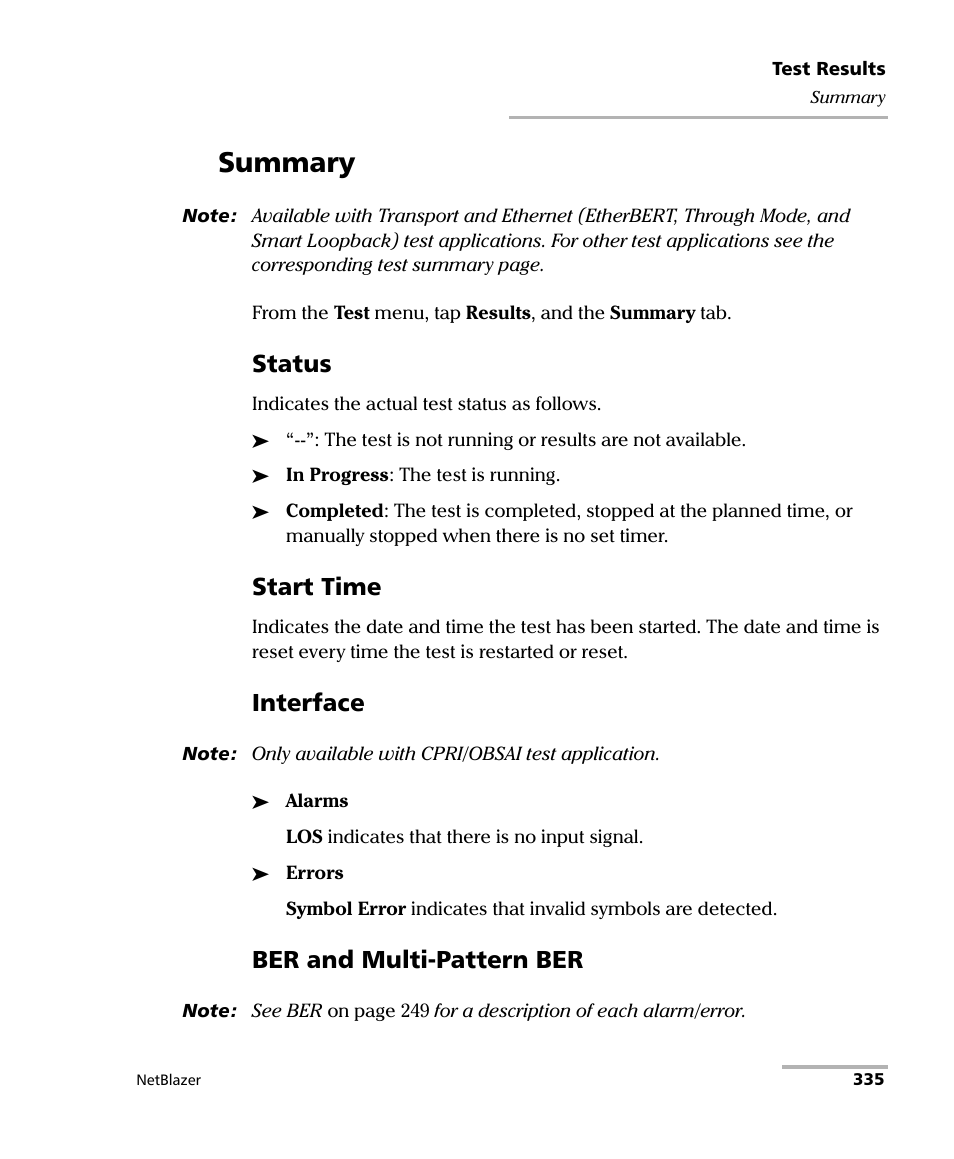 Summary, Status, Start time | Interface, Ber and multi-pattern ber | EXFO FTB-800 Series for FTB-1 User Manual | Page 345 / 621