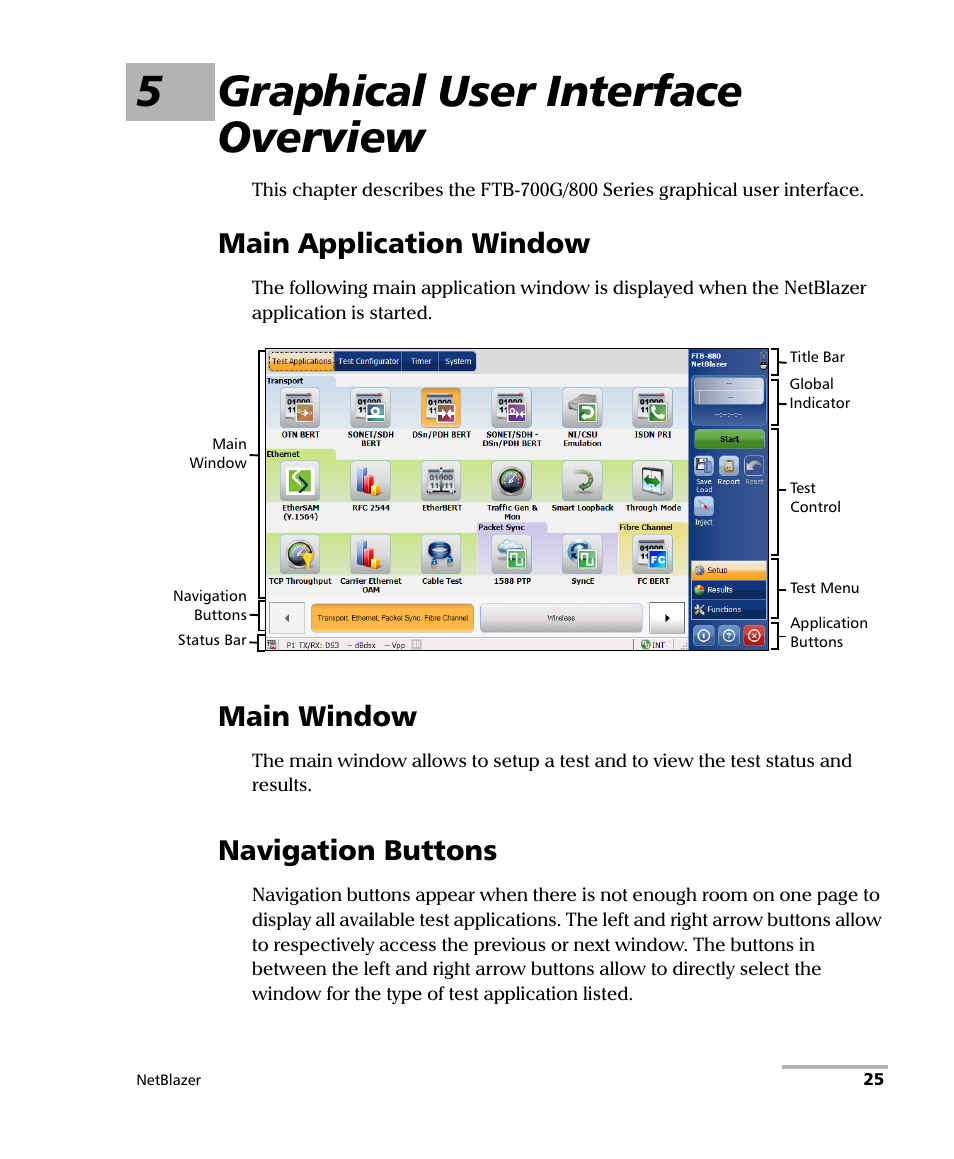 5 graphical user interface overview, Main application window, Main window | Navigation buttons, 5graphical user interface overview | EXFO FTB-800 Series for FTB-1 User Manual | Page 35 / 621