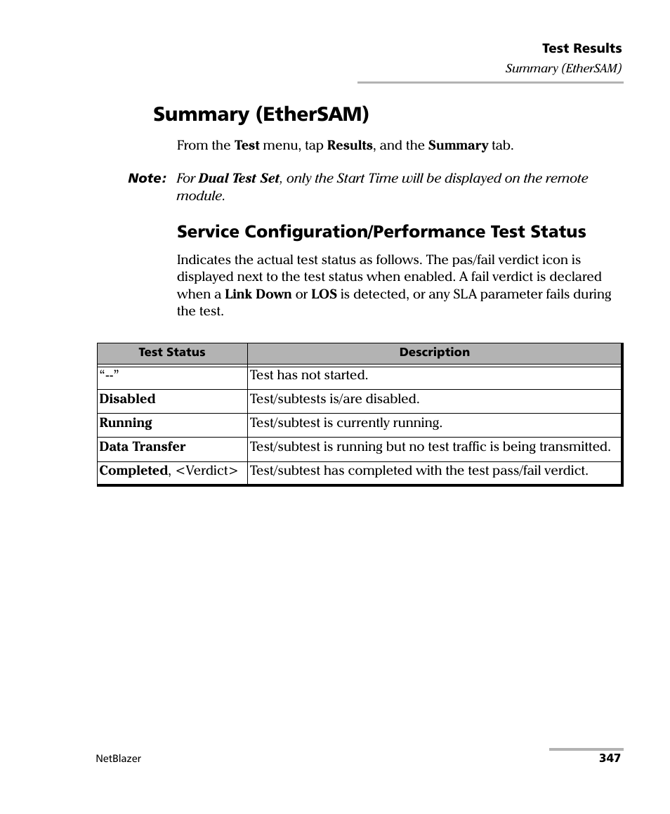 Summary (ethersam), Service configuration/performance test status | EXFO FTB-800 Series for FTB-1 User Manual | Page 357 / 621