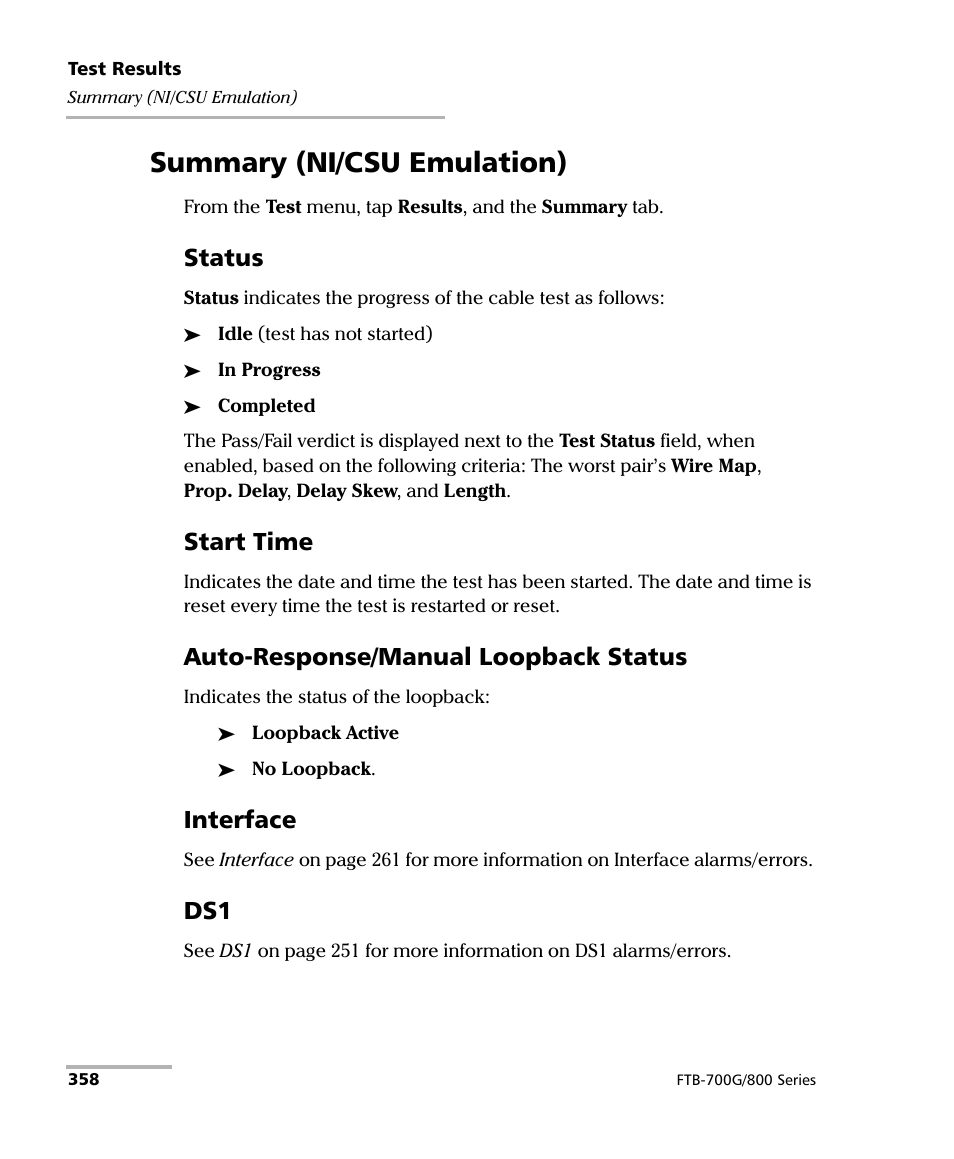 Summary (ni/csu emulation), Status, Start time | Auto-response/manual loopback status, Interface | EXFO FTB-800 Series for FTB-1 User Manual | Page 368 / 621