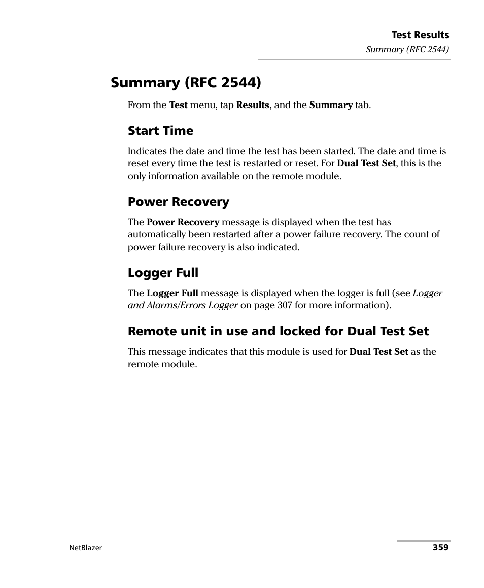 Summary (rfc 2544), Start time, Power recovery | Logger full, Remote unit in use and locked for dual test set | EXFO FTB-800 Series for FTB-1 User Manual | Page 369 / 621