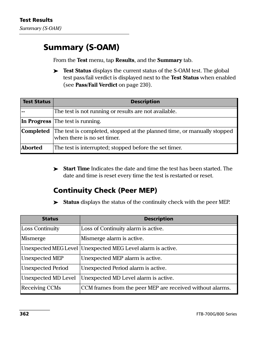 Summary (s-oam), Continuity check (peer mep) | EXFO FTB-800 Series for FTB-1 User Manual | Page 372 / 621
