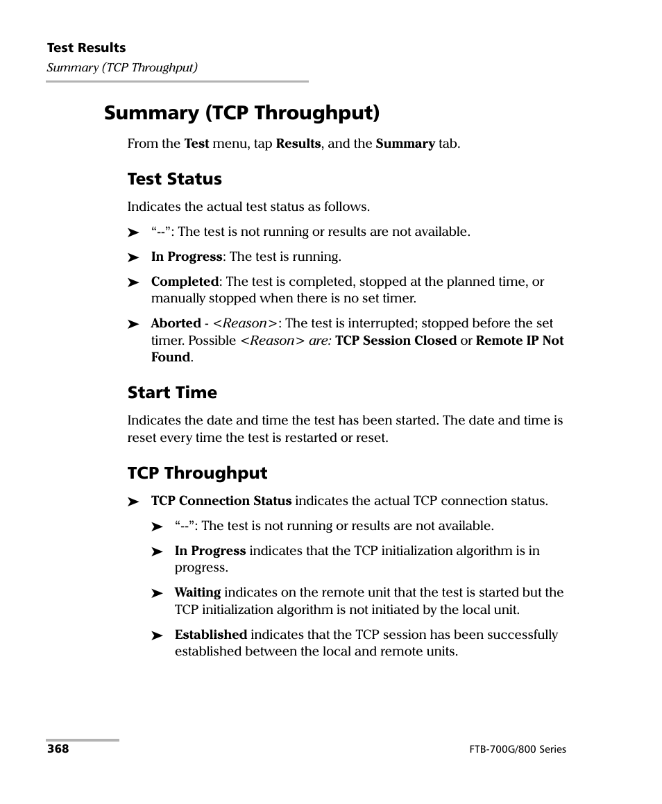 Summary (tcp throughput), Test status, Start time | Tcp throughput | EXFO FTB-800 Series for FTB-1 User Manual | Page 378 / 621