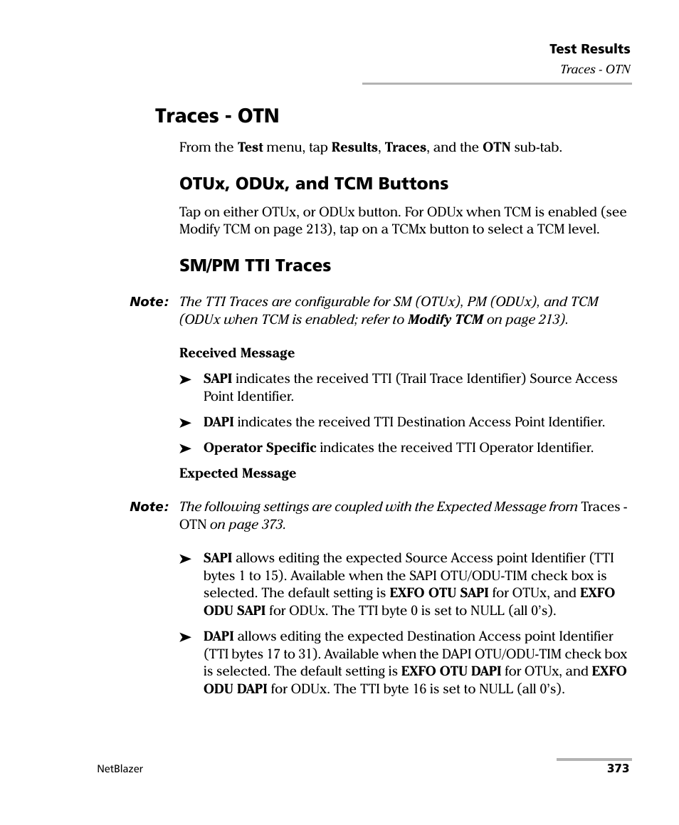 Traces - otn, Otux, odux, and tcm buttons, Sm/pm tti traces | EXFO FTB-800 Series for FTB-1 User Manual | Page 383 / 621