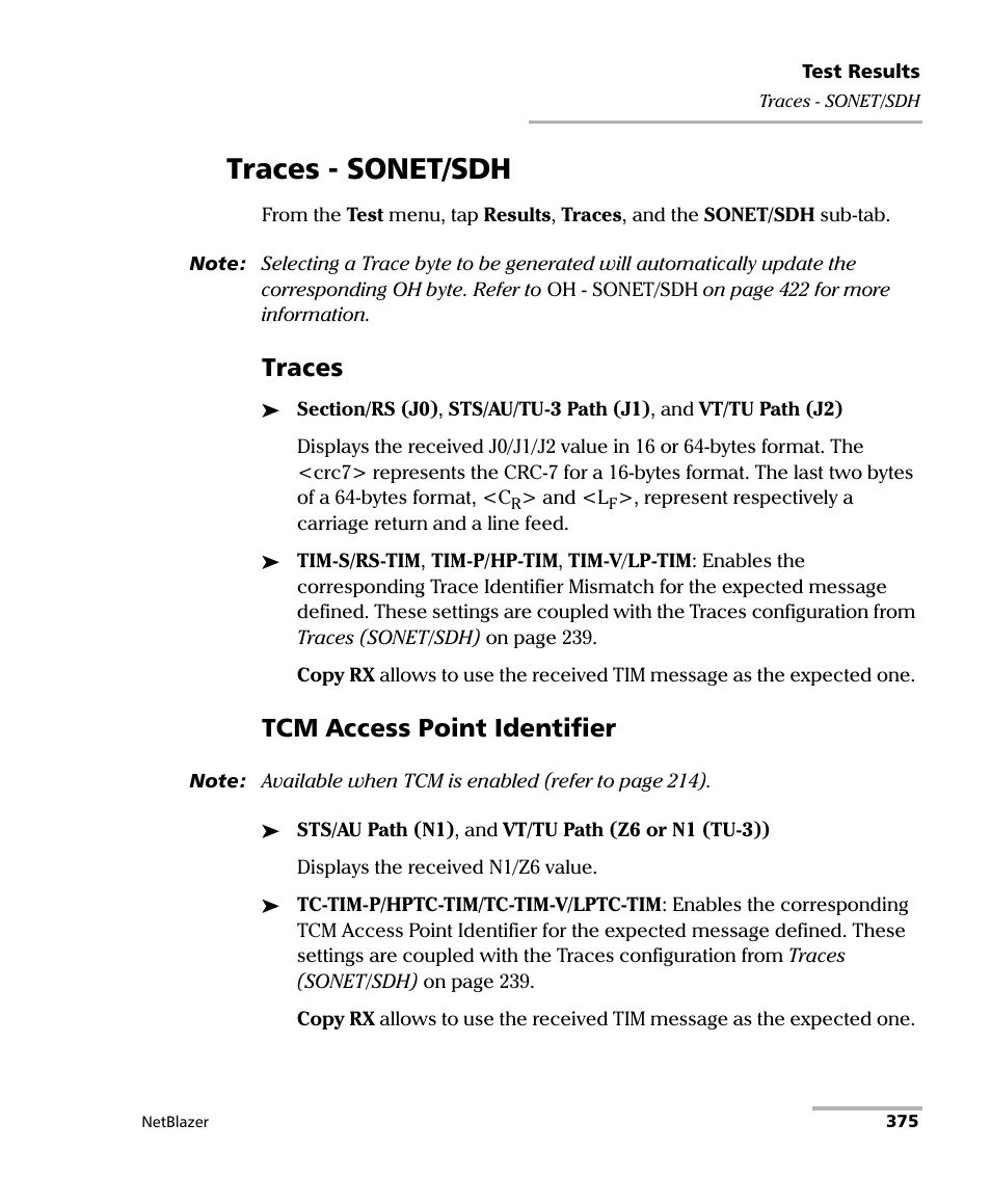 Traces - sonet/sdh, Traces, Tcm access point identifier | EXFO FTB-800 Series for FTB-1 User Manual | Page 385 / 621