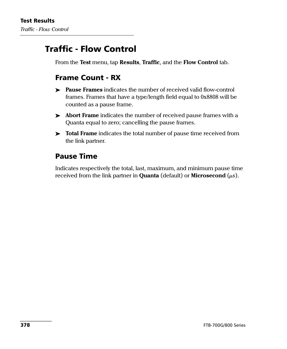 Traffic - flow control, Frame count - rx, Pause time | EXFO FTB-800 Series for FTB-1 User Manual | Page 388 / 621