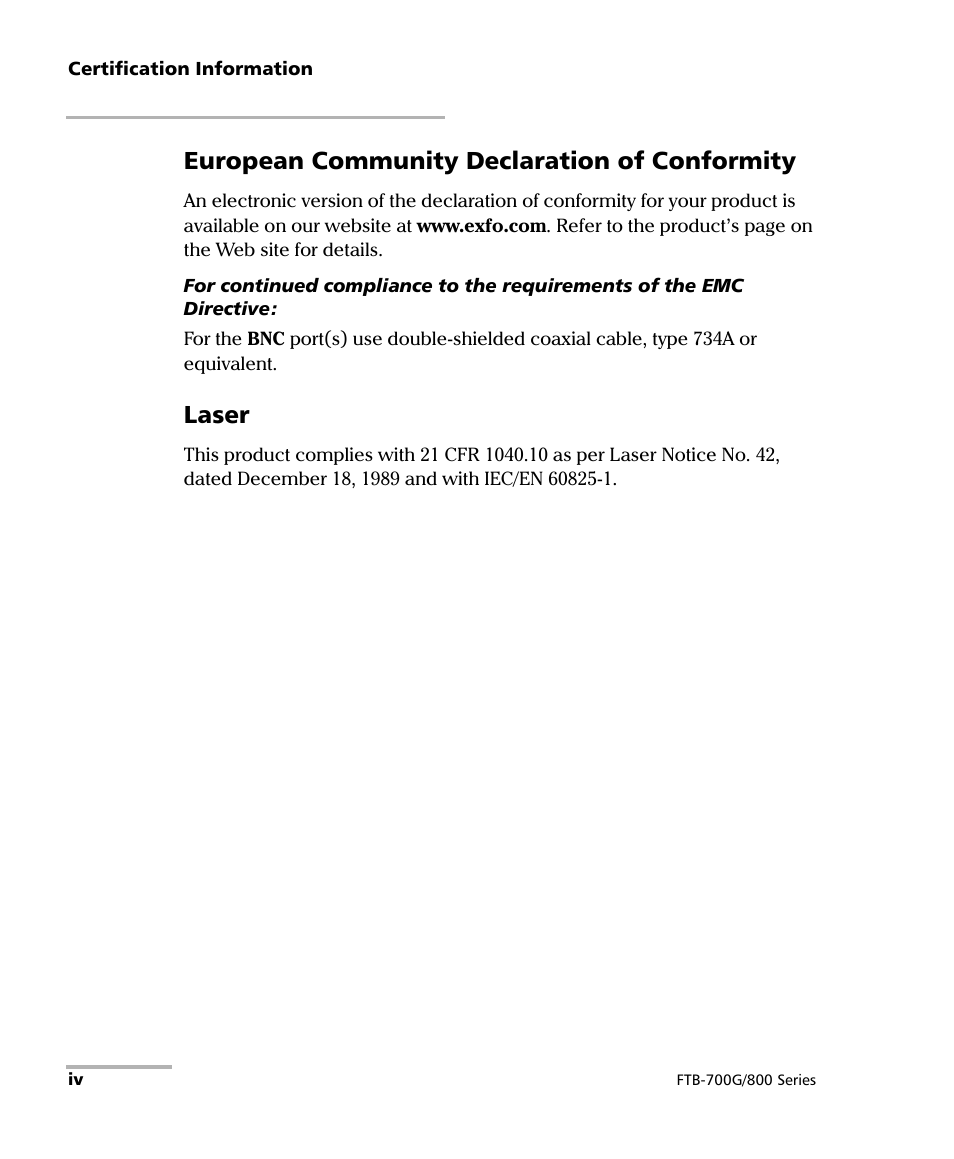 European community declaration of conformity, Laser | EXFO FTB-800 Series for FTB-1 User Manual | Page 4 / 621