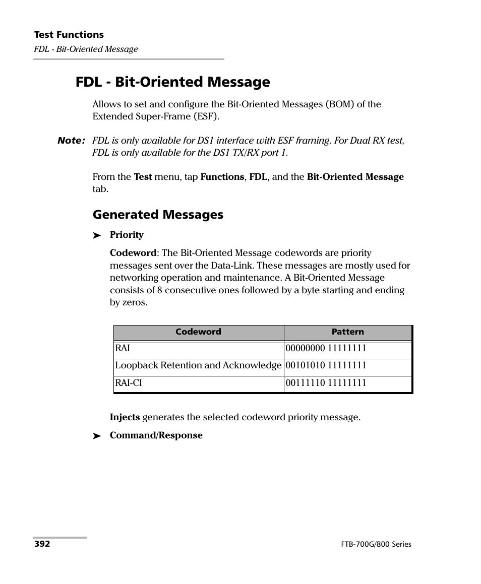 Fdl - bit-oriented message, Generated messages | EXFO FTB-800 Series for FTB-1 User Manual | Page 402 / 621