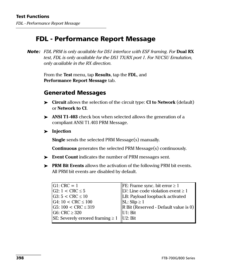 Fdl - performance report message, Generated messages | EXFO FTB-800 Series for FTB-1 User Manual | Page 408 / 621