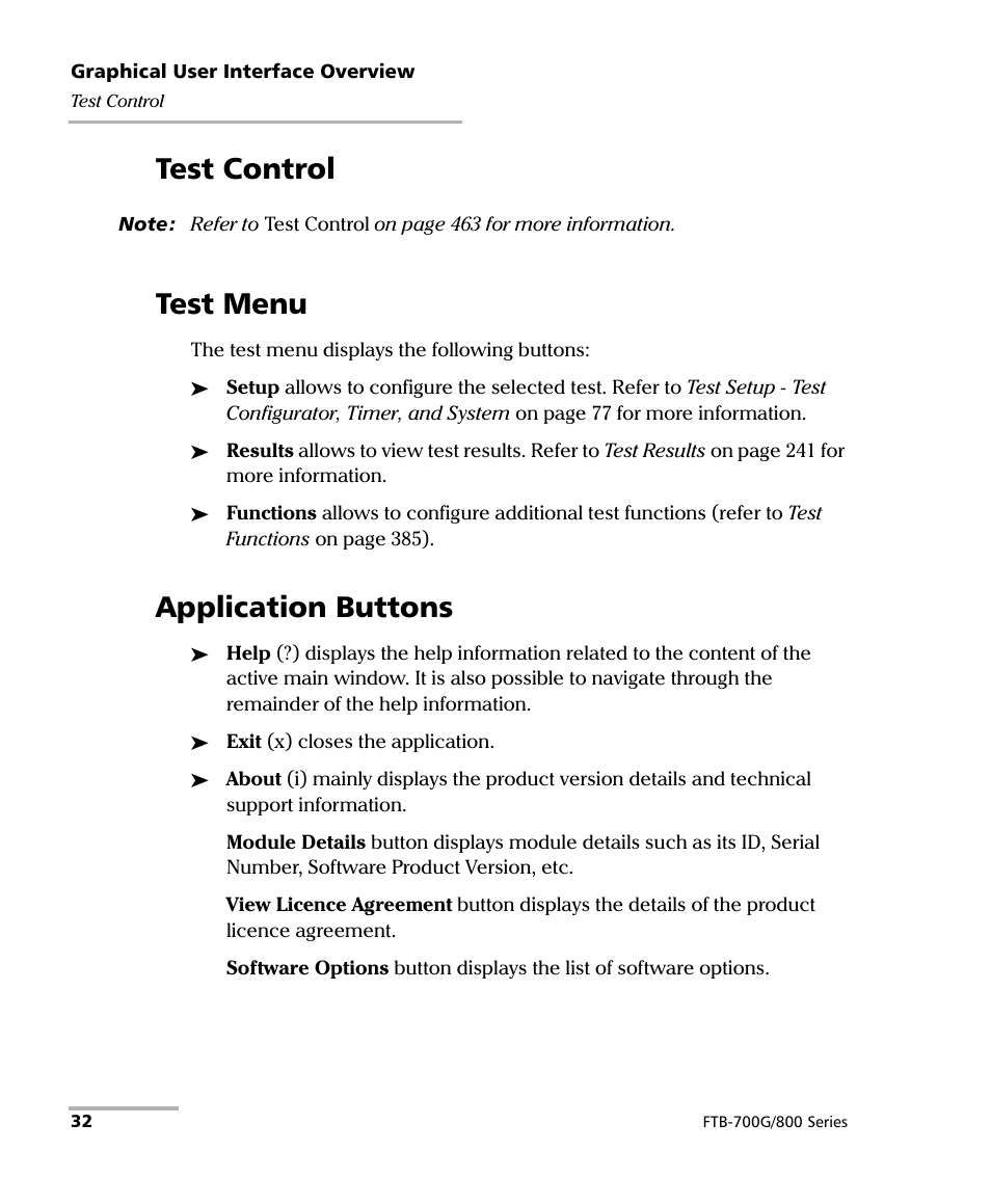 Test control, Test menu, Application buttons | Test control test menu application buttons | EXFO FTB-800 Series for FTB-1 User Manual | Page 42 / 621