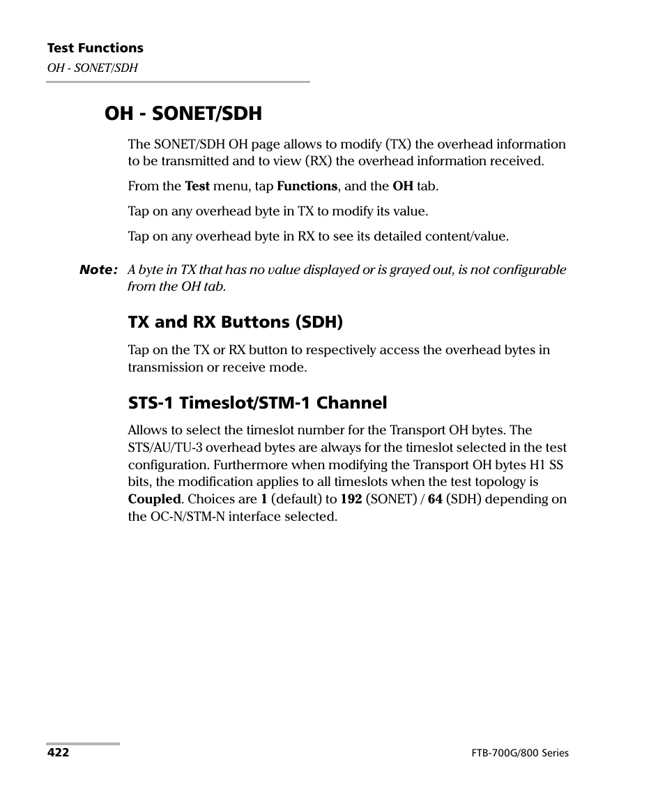Oh - sonet/sdh, Tx and rx buttons (sdh), Sts-1 timeslot/stm-1 channel | EXFO FTB-800 Series for FTB-1 User Manual | Page 432 / 621