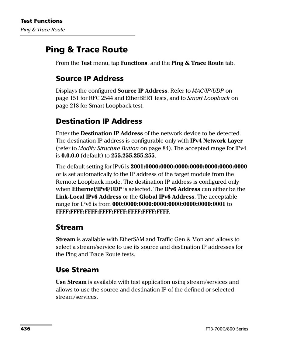Ping & trace route, Source ip address, Destination ip address | Stream, Use stream | EXFO FTB-800 Series for FTB-1 User Manual | Page 446 / 621