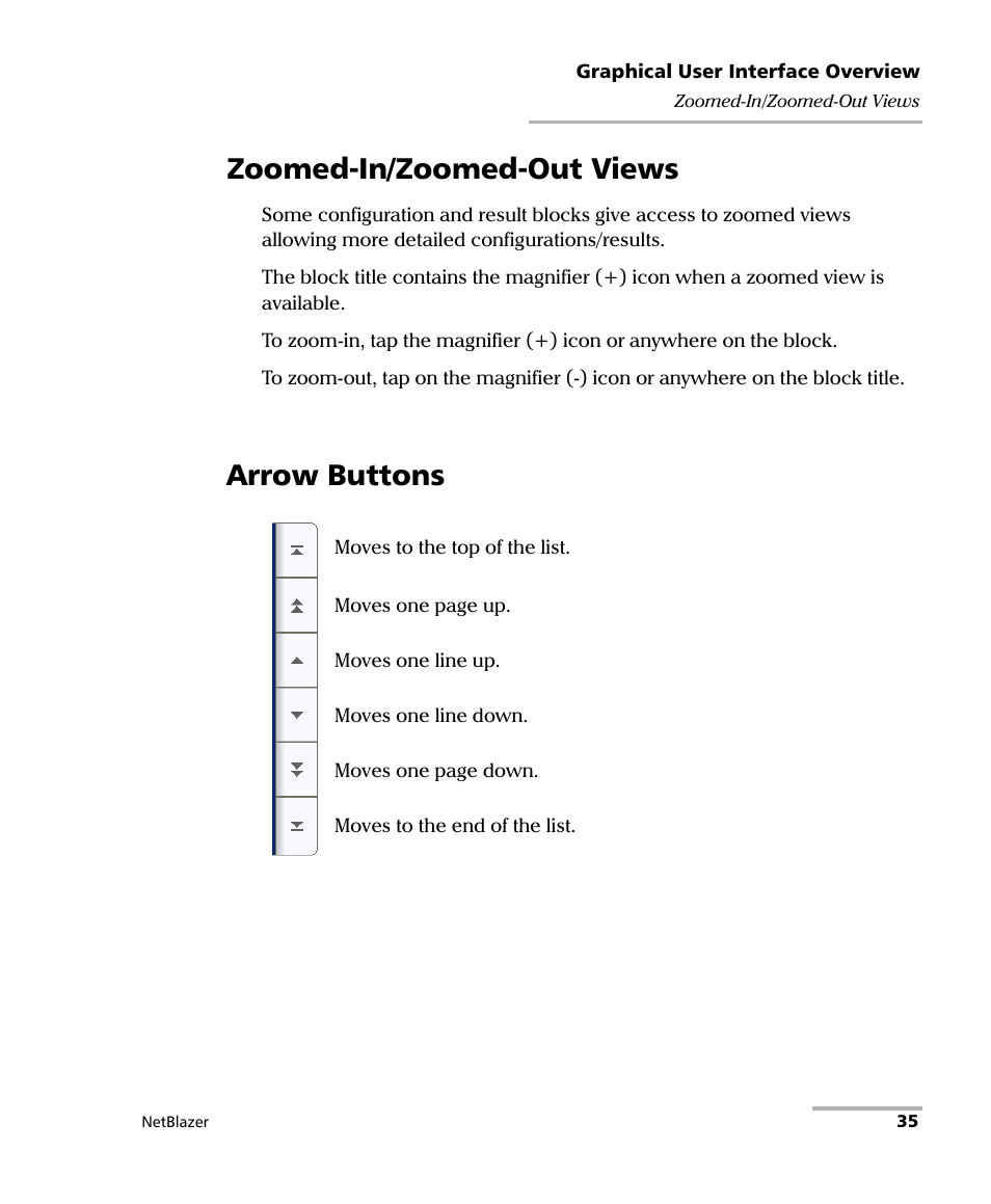 Zoomed-in/zoomed-out views, Arrow buttons, Zoomed-in/zoomed-out views arrow buttons | EXFO FTB-800 Series for FTB-1 User Manual | Page 45 / 621