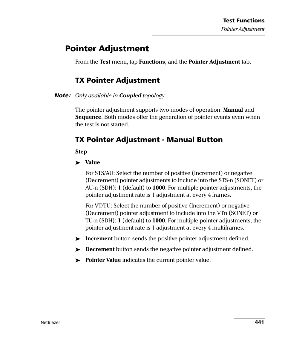 Pointer adjustment, Tx pointer adjustment, Tx pointer adjustment - manual button | EXFO FTB-800 Series for FTB-1 User Manual | Page 451 / 621