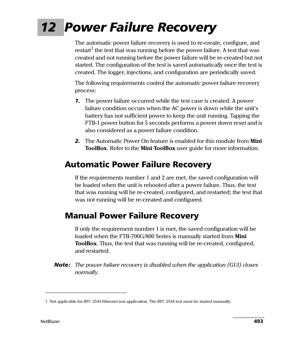 12 power failure recovery, Automatic power failure recovery, Manual power failure recovery | EXFO FTB-800 Series for FTB-1 User Manual | Page 503 / 621