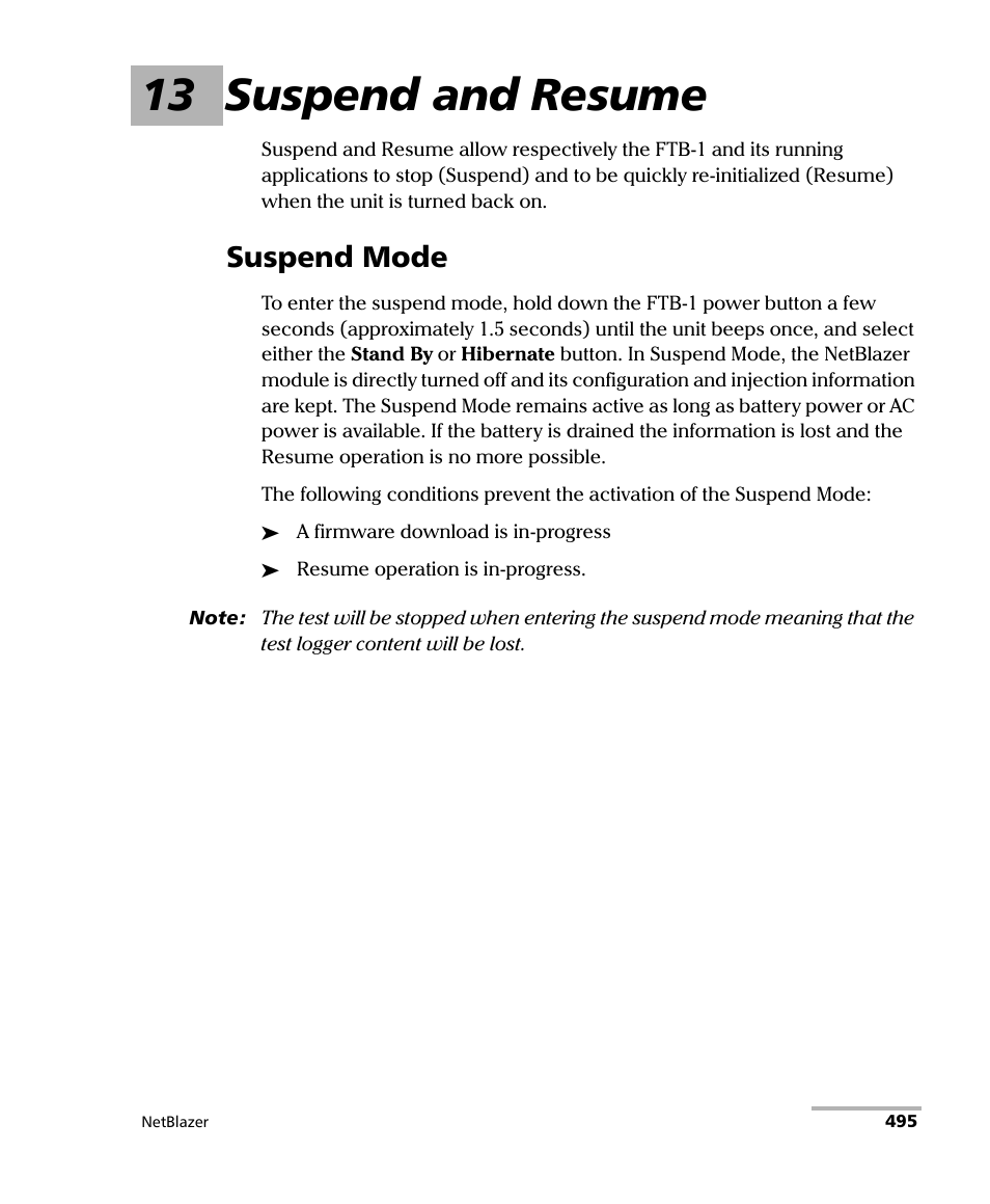 13 suspend and resume, Suspend mode | EXFO FTB-800 Series for FTB-1 User Manual | Page 505 / 621
